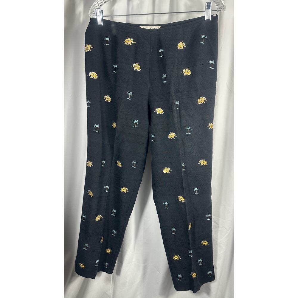 Women 10 Peter Martin‎ Elephant Palm Tree Embroidered Pants Black 100% Silk
